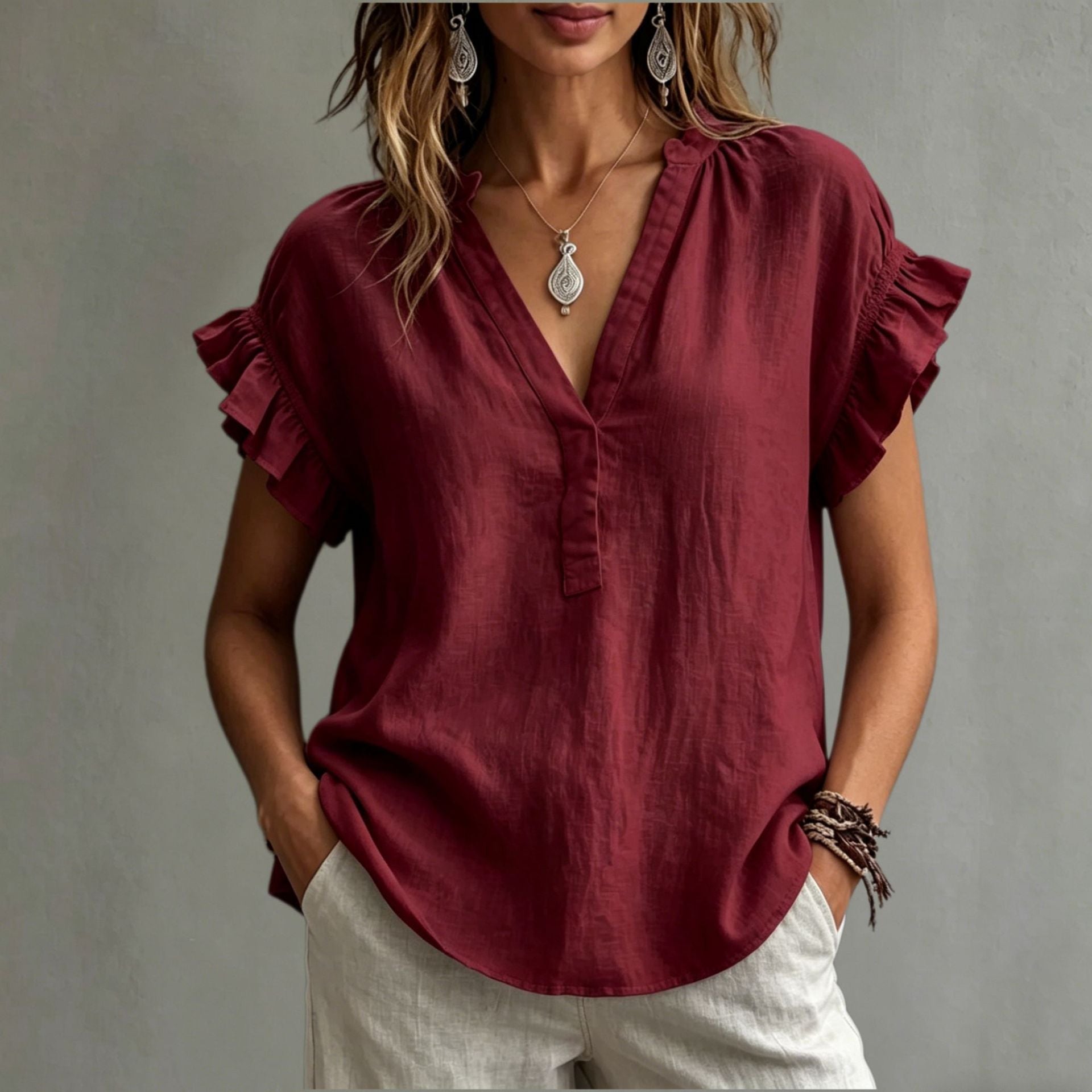 Women's Casual V-Neck Cotton-Linen Blouse Top Summer Ruffle Short-Sleeve Solid Color Office Daily Wear Shirts NorixaFashion.com