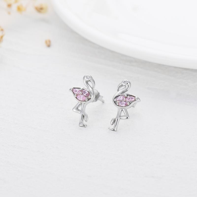 Pink Flamingo CZ Stud Earrings in White Gold Plated Sterling Silver LuxuryLifeWay Online Store