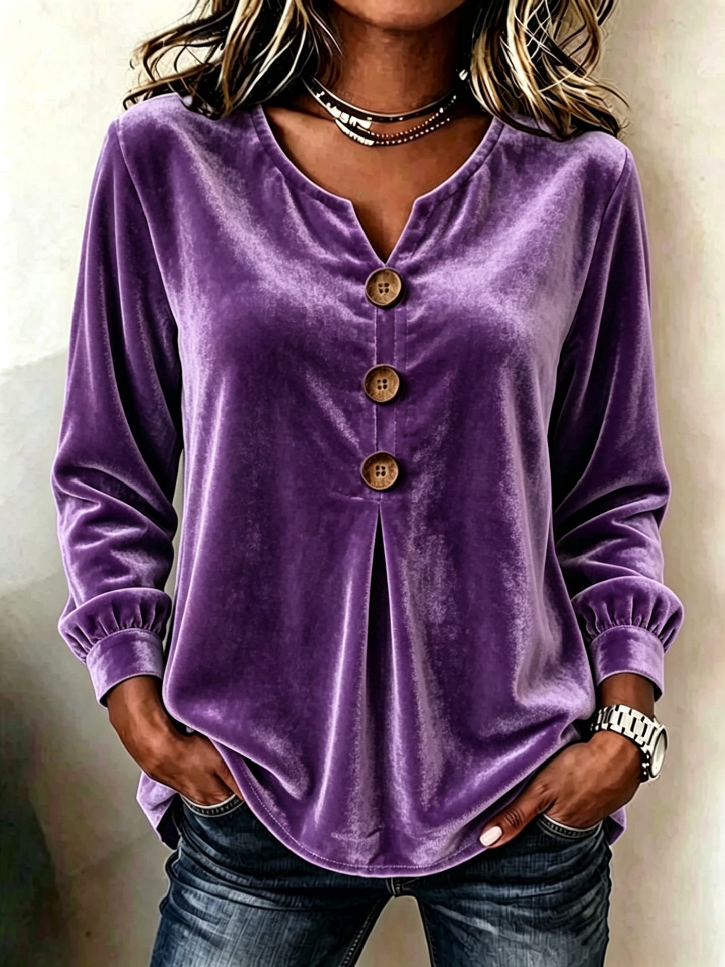 Elegant V-neck Buttoned Long-sleeve Velvet Blouse For Women NorixaFashion.com