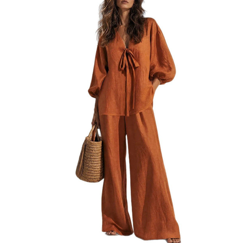Independent Station Cross-border 2026 European And American Style Spring And Summer New Simple Casual Solid Color Lace-up Jacket Straight Pants Two-piece Set NorixaFashion.com