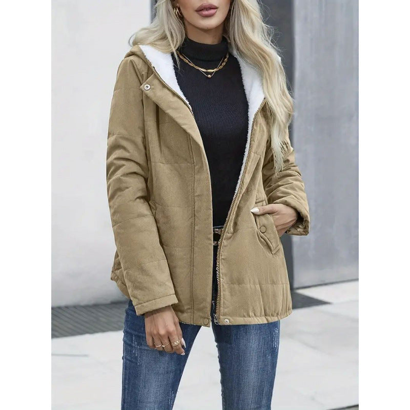 Fleece-lined Hooded Coat Winter Preppy Style Long Sleeve Jacket Warm Pockets Cotton Coat Women's Clothing LadyShow.Store