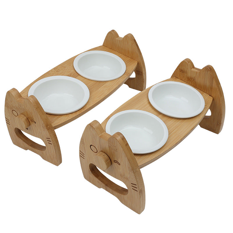 Pet Bowl Ceramic Double Bowl Wooden Stand Neck Protection Dog Cat Food Basin Height Adjustable Tilt Separate Bowls Pet Accessori Pets Fashion