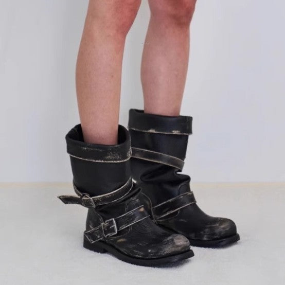 Chunky-heeled Vintage Distressed Mid-calf Boots Womens LadyShow.Store