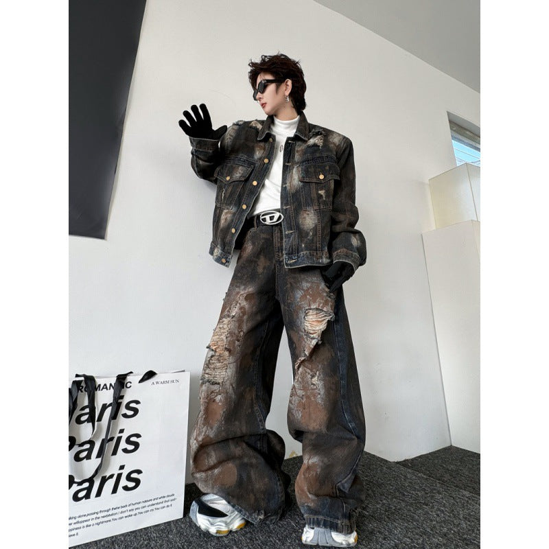 Old Cowboy Jacket and Ripped Denim Trousers Set Pi-Mart