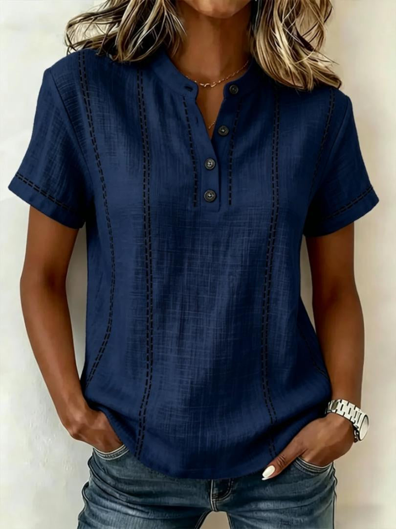 Summer Striped Short-Sleeve Shirts Casual Stand-Collar V-neck Button Blouse Womens Clothing LadyShow.Store