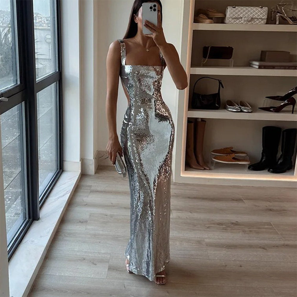 Silver Sequin Halter Dress NorixaFashion.com