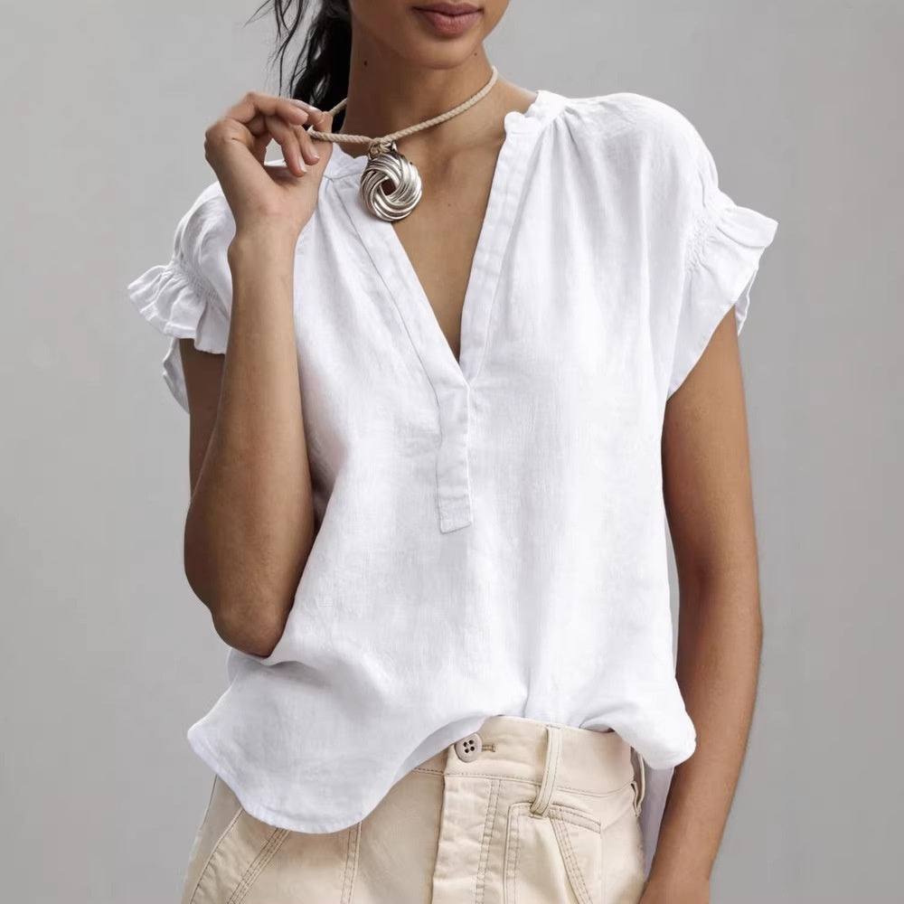 Women's Casual V-Neck Cotton-Linen Blouse Top Summer Ruffle Short-Sleeve Solid Color Office Daily Wear Shirts NorixaFashion.com