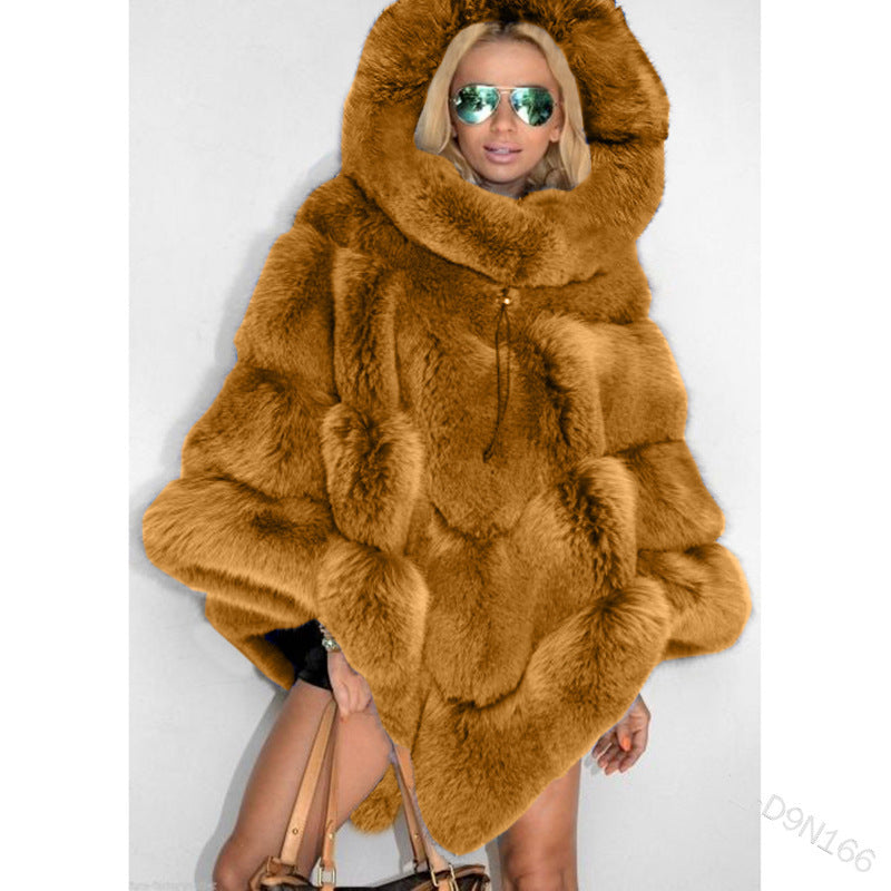 Solid Color Hooded Faux Fur Patchwork Loose Coat Elegant Commuter Cape Women's NorixaFashion.com