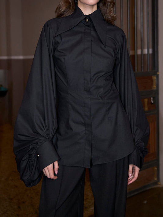 Black Oversized Collar Balloon Sleeve Shirt NorixaFashion.com
