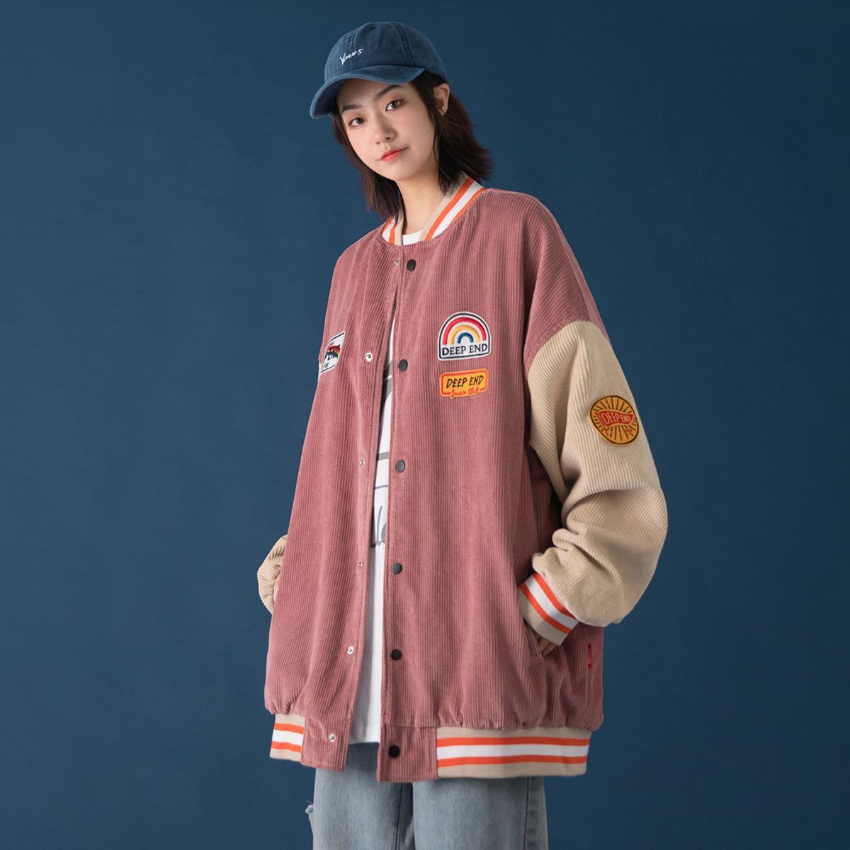 Men's Loose Color-block Corduroy Baseball Jacket Pi-Mart