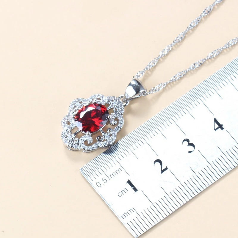 Garnet Cubic Zirconia Earrings Pendant Necklace Bracelet Ring Gift 4 PCs Set LadyShow.Store