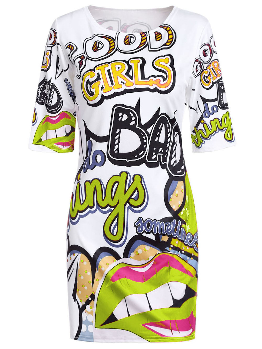 Funny Red Lips Graffiti Print T-Shirt Dress Pi-Mart