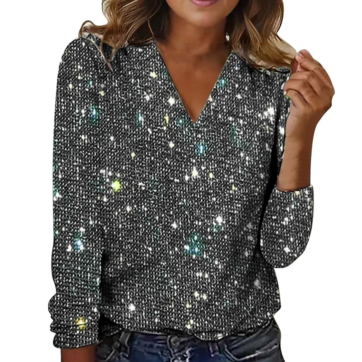 Women's Pure Color Sequins Long-sleeved T-shirt LadyShow.Store