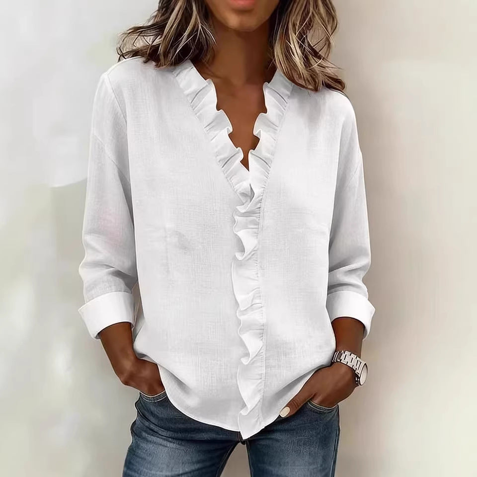 Ruffled Long Sleeve Cotton Shirt NorixaFashion.com