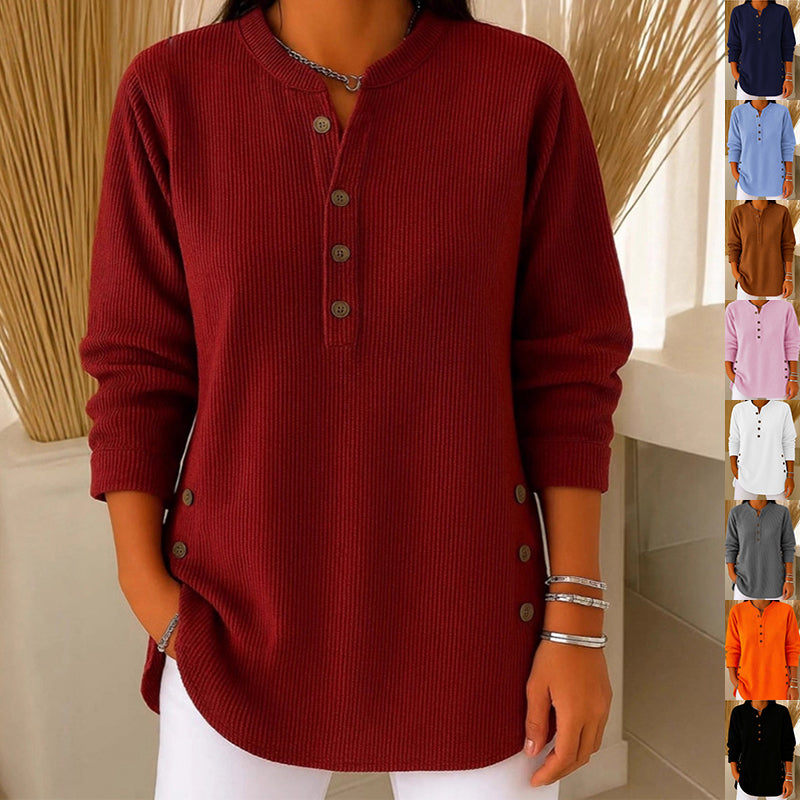 V-neck Buttons Sweater Fashion Casual Solid Color Long-sleeved Tops Women's Blouse T-shirt Clothing NorixaFashion.com