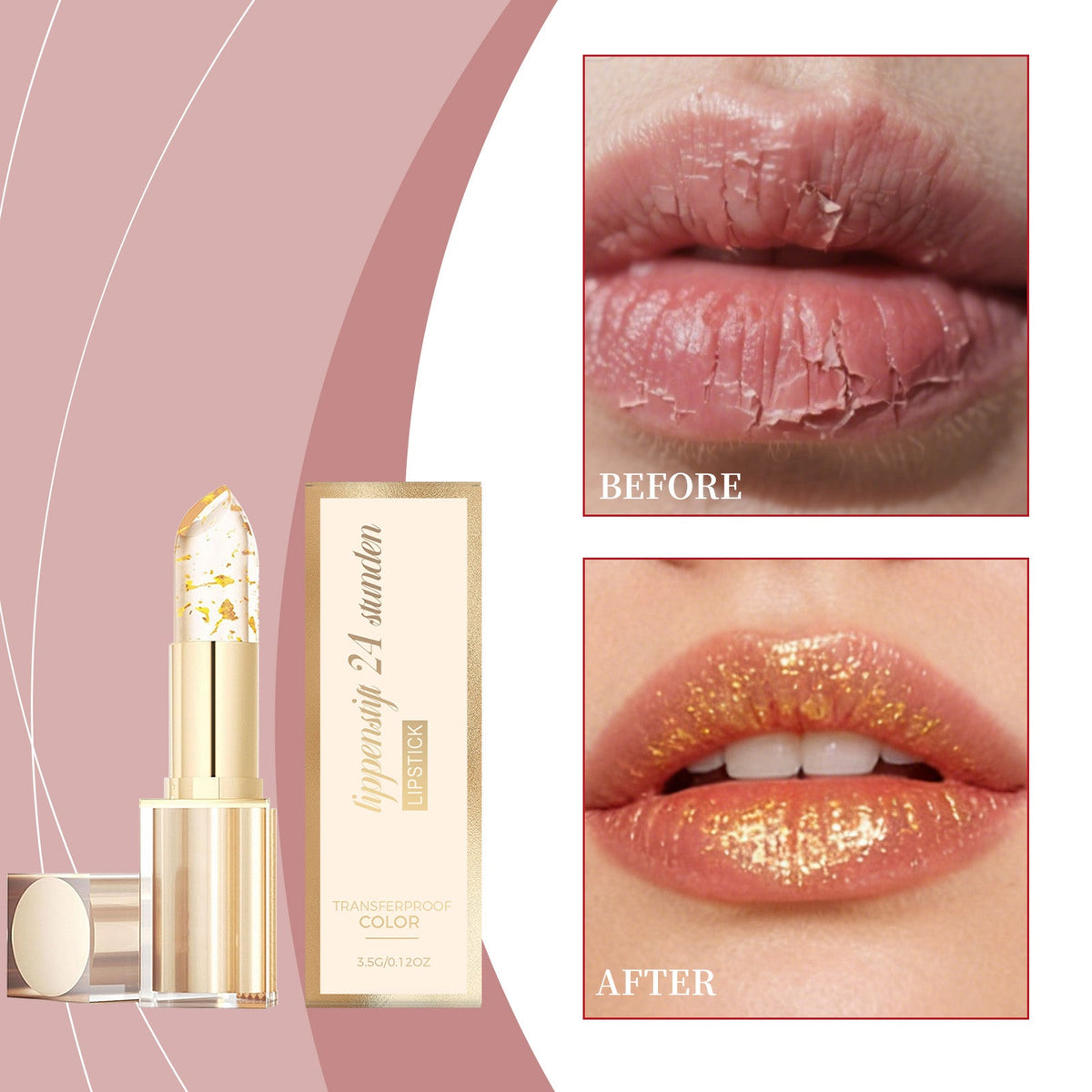 Daily Care Lip Skin Is Smooth, Pink, Thin, Non Greasy, Non Stick Cup Lipstick, Gold Foil Color Change Nourishing Lipstick 3.5g, 1 Box Tri Light Beauty