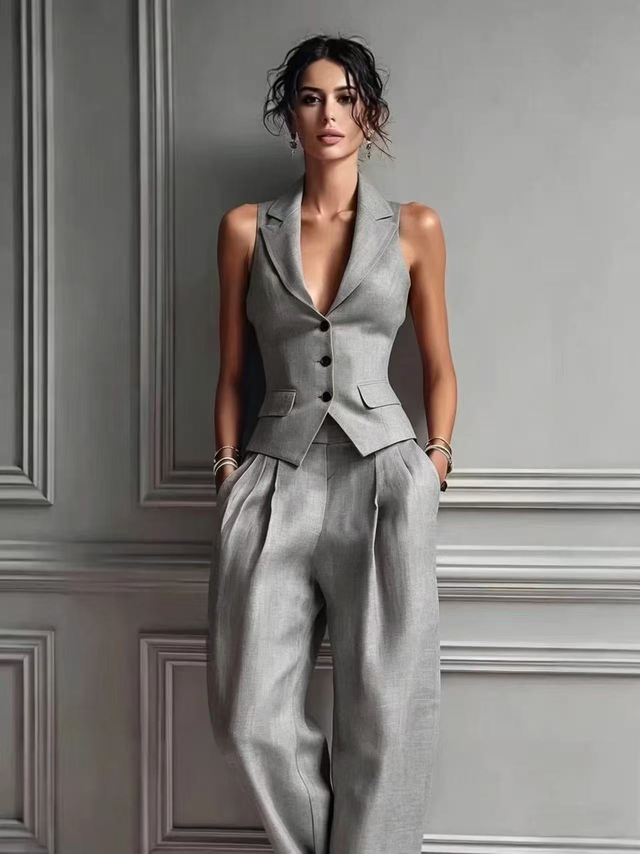 Summer Sleeveless Suit Casual Single-breasted Vest And Casual Pants Set NorixaFashion.com