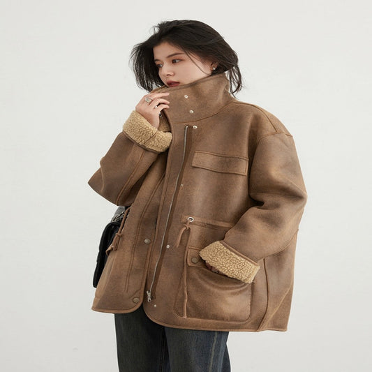 Women's Motorcycle Clothing Suede Lamb Wool Reverse Coat Best YouTube Store
