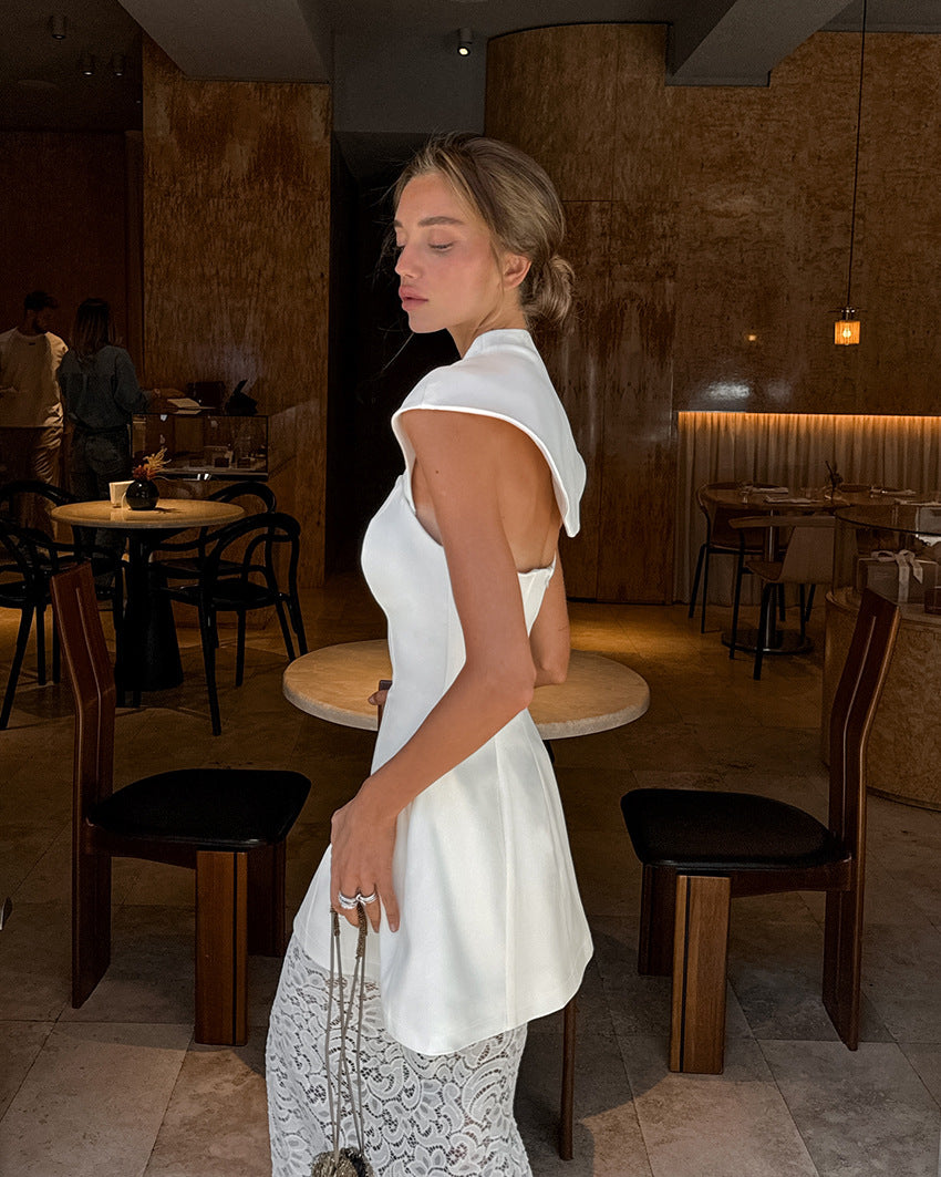 Commuter-appropriate Two-piece Set- Irregular Strapless Top And White Lace Skirt NorixaFashion.com