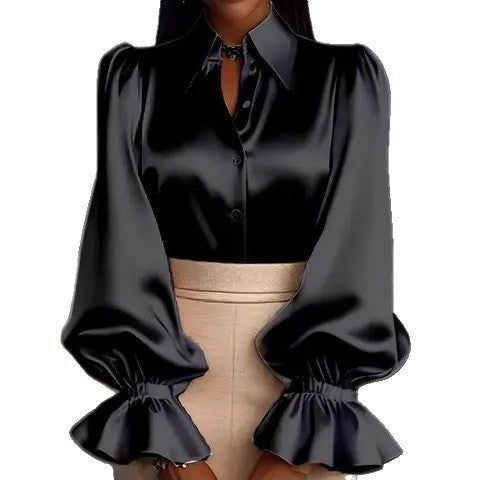 New Stylish Solid-colored Bubble Sleeve Long-sleeve Lapel Satin Shirt For Commuting LadyShow.Store