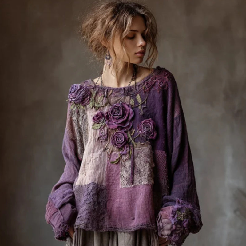 Vintage Purple Roses Lace Blouse NorixaFashion.com