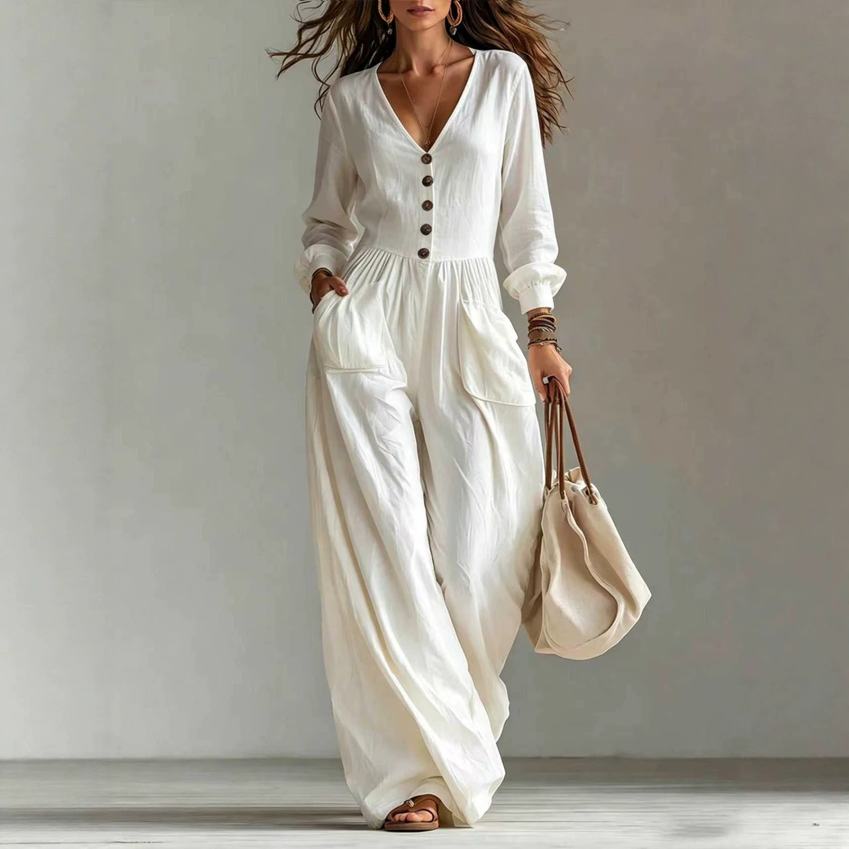 New Autumnwinter Casual Chic Womens V-neck Long-sleeve Jumpsuit With Pockets NorixaFashion.com