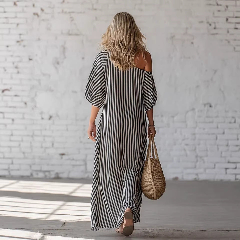 Womens Striped Off-shoulder Dress LadyShow.Store