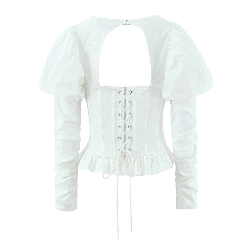 Square Neck Puff Sleeve Corset Peplum Top NorixaFashion.com