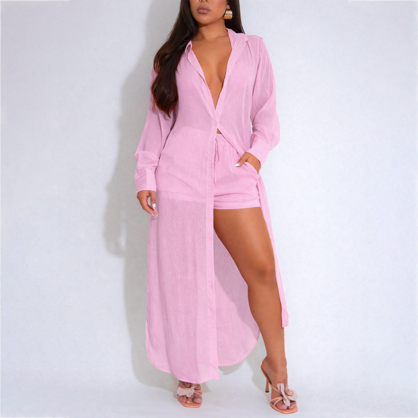 Sheer Long-sleeve Cardigan Buttoned Side-split Blouse And Shorts Set NorixaFashion.com