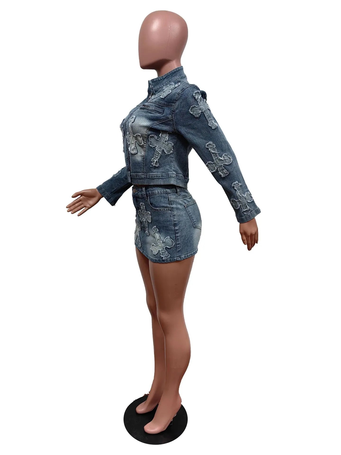 Denim Embroidered Skirt & Jacket Set Pi-Mart