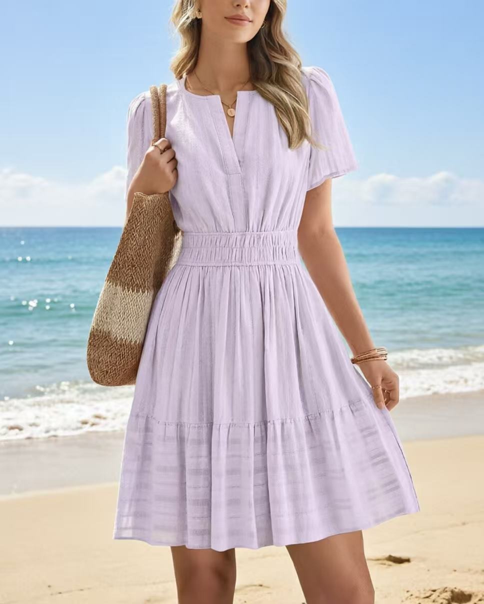 2026 Hot Sale Spring Summer Women's Solid Color V Neck Ruched Puff Sleeve Short Dress NorixaFashion.com
