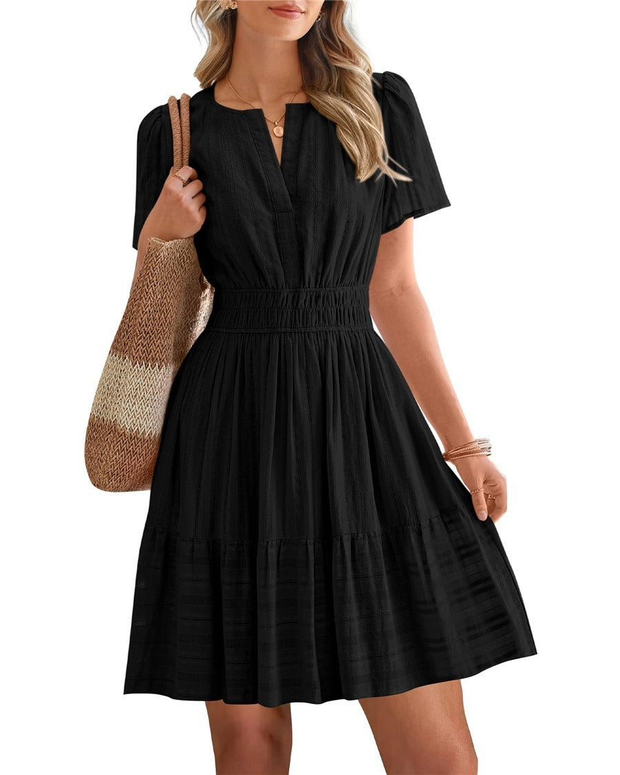 2026 Hot Sale Spring Summer Women's Solid Color V Neck Ruched Puff Sleeve Short Dress NorixaFashion.com