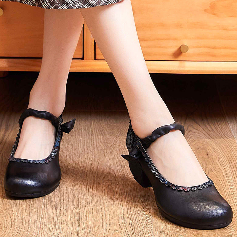 Vintage Chinese Element Violet Butterfly Thick Heel Soft Leather Round Toe Versatile Single Shoe LadyShow.Store