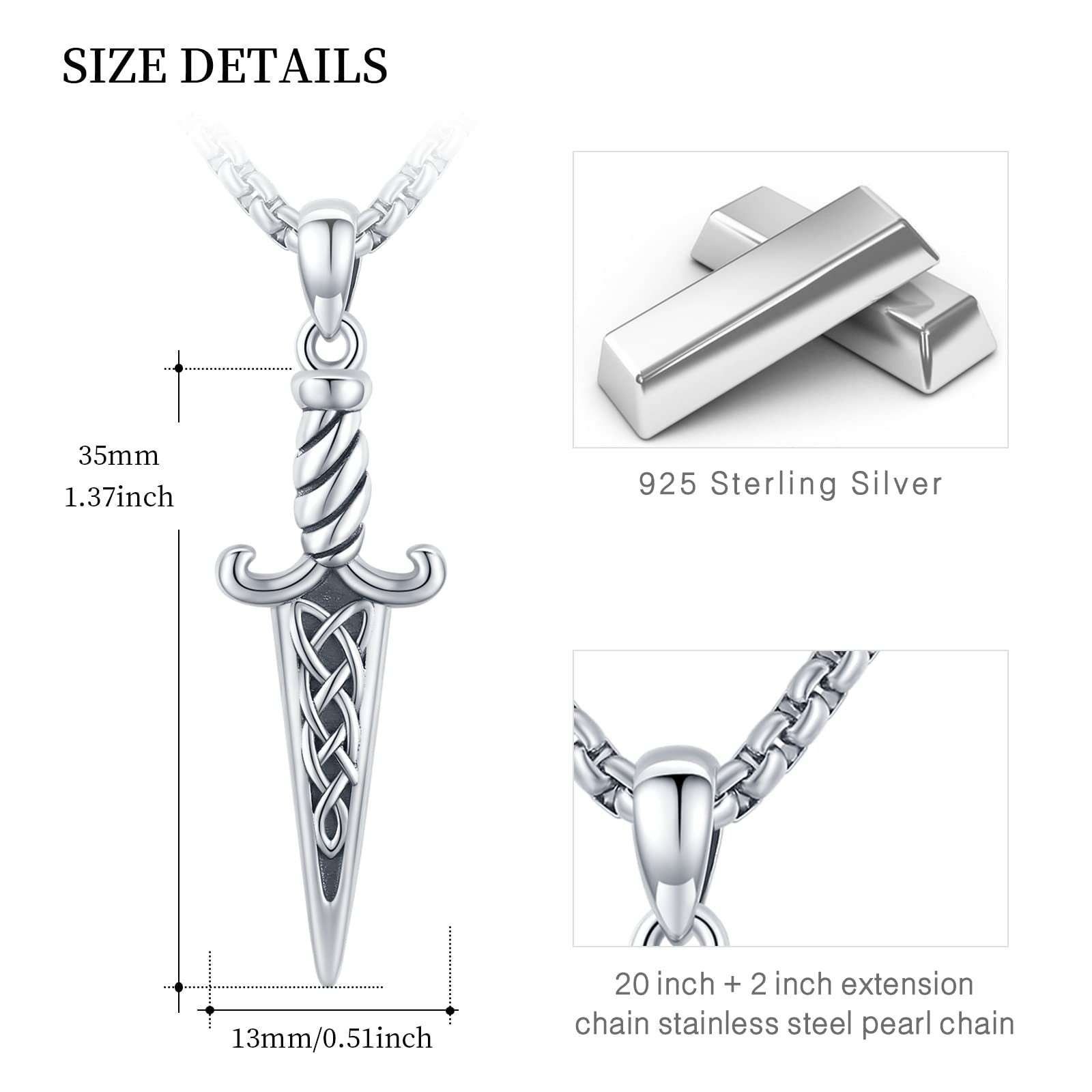 Silver Celtic-style Double-Edged Dagger Retro Pendant Necklace Irish Jewelry Gift LadyShow.Store