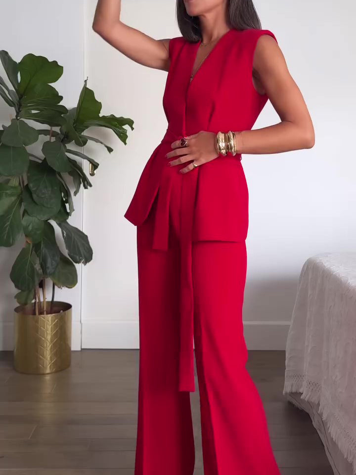 Red Sleeveless Tie Vest High Waist Pants Suit NorixaFashion.com