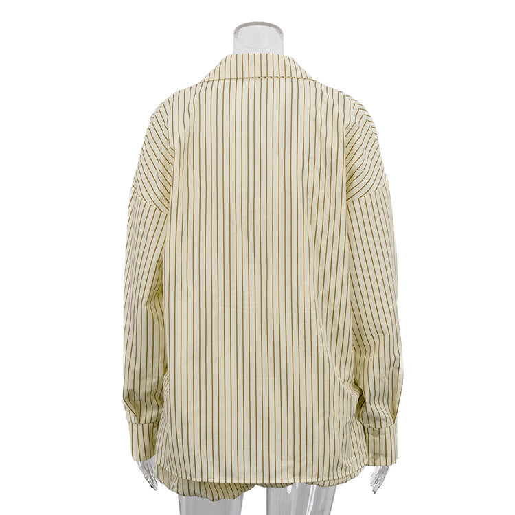 Women's Striped 3 Piece Outfit Set&Oversized Button Down Shirt&Crop Tube Top&Elastic Shorts&Yellow Casual Loungewear NorixaFashion.com