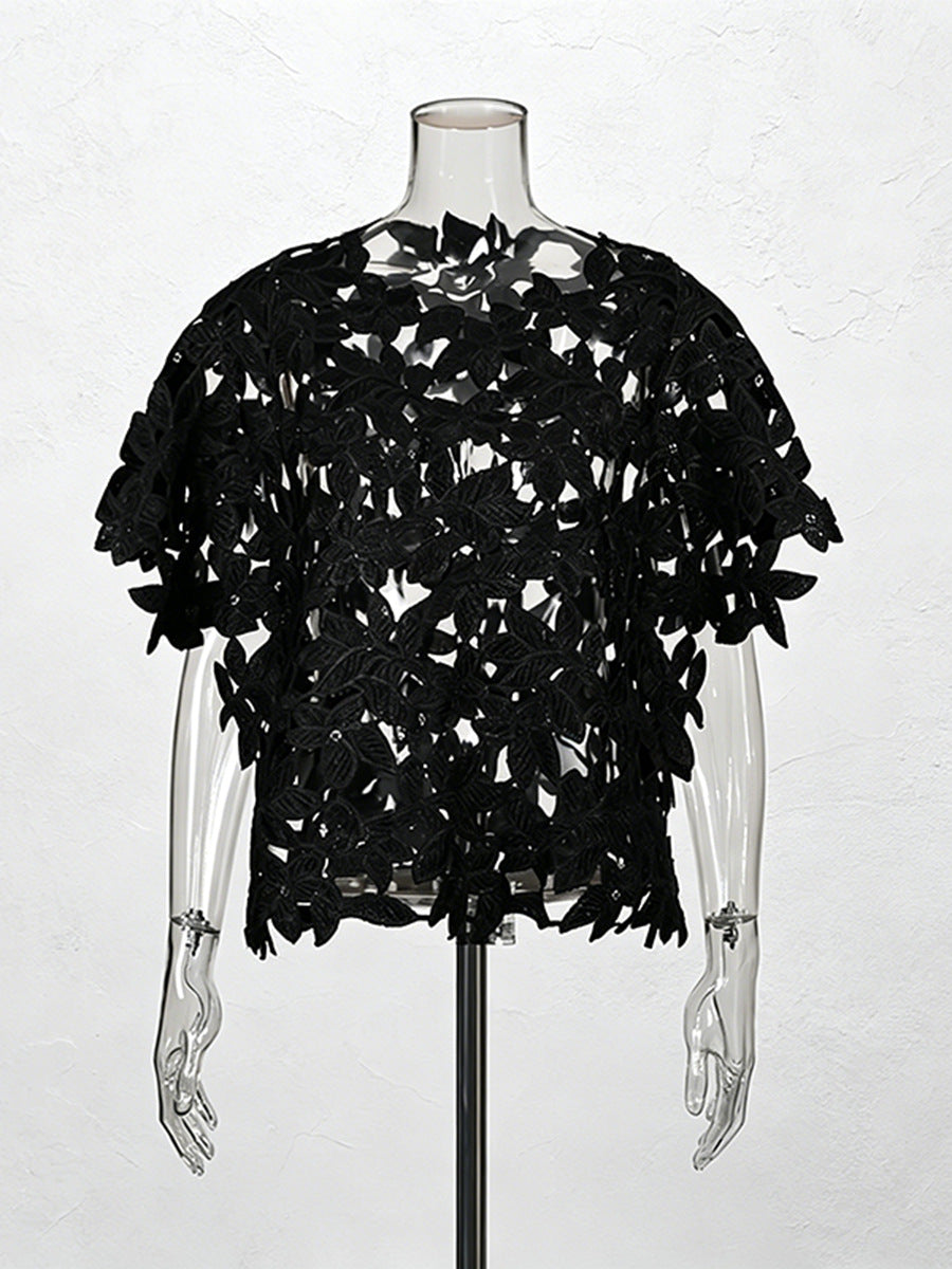 Black Floral Lace Cut-Out Short Sleeve Top NorixaFashion.com