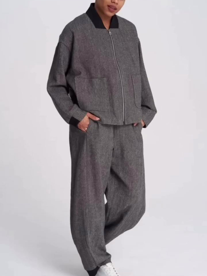 Dark Grey Textured Baseball Collar Zip Jacket & Wide-Leg Pants Set NorixaFashion.com