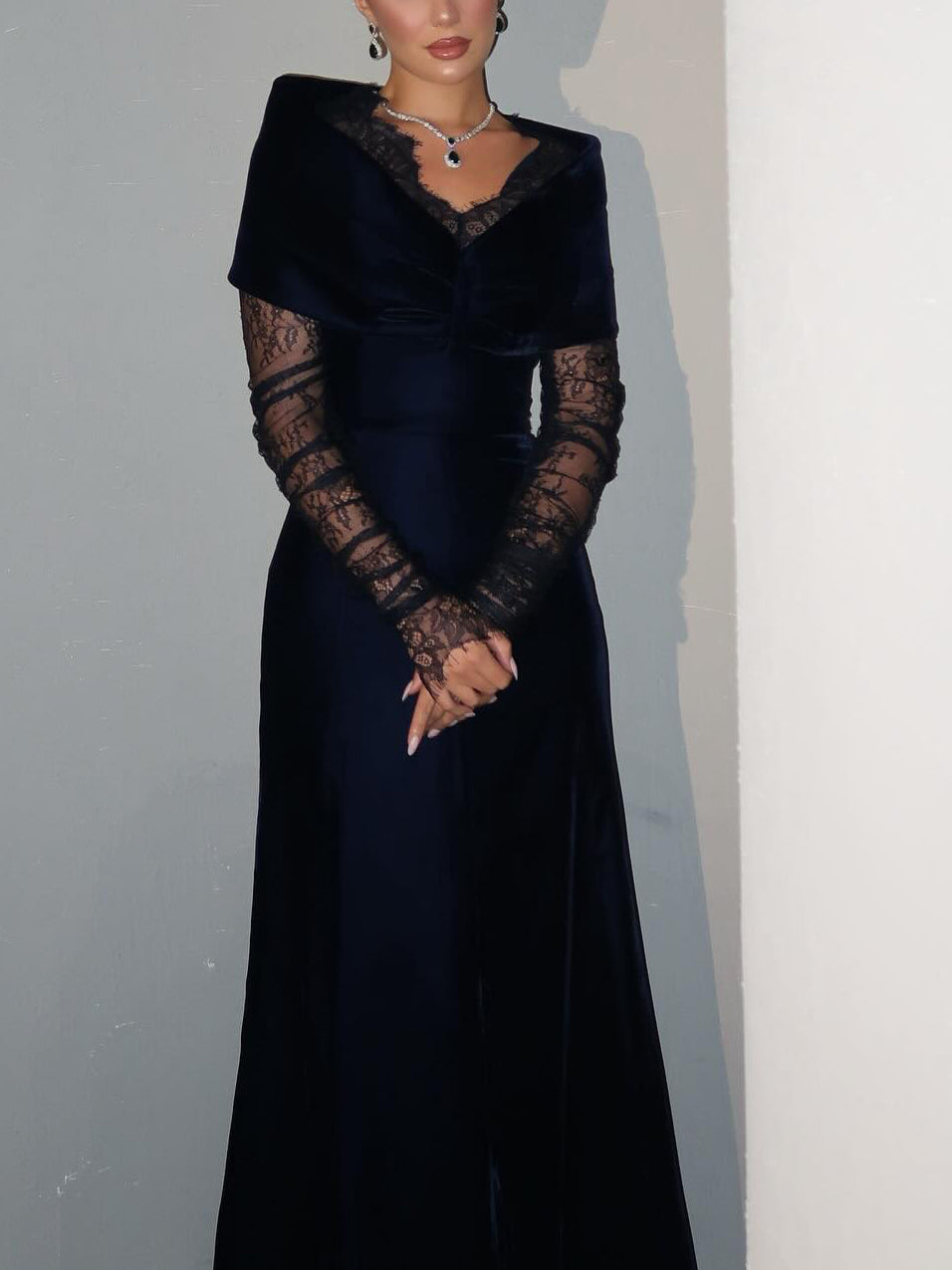 Navy Blue Velvet Lace Long-Sleeve Gown NorixaFashion.com