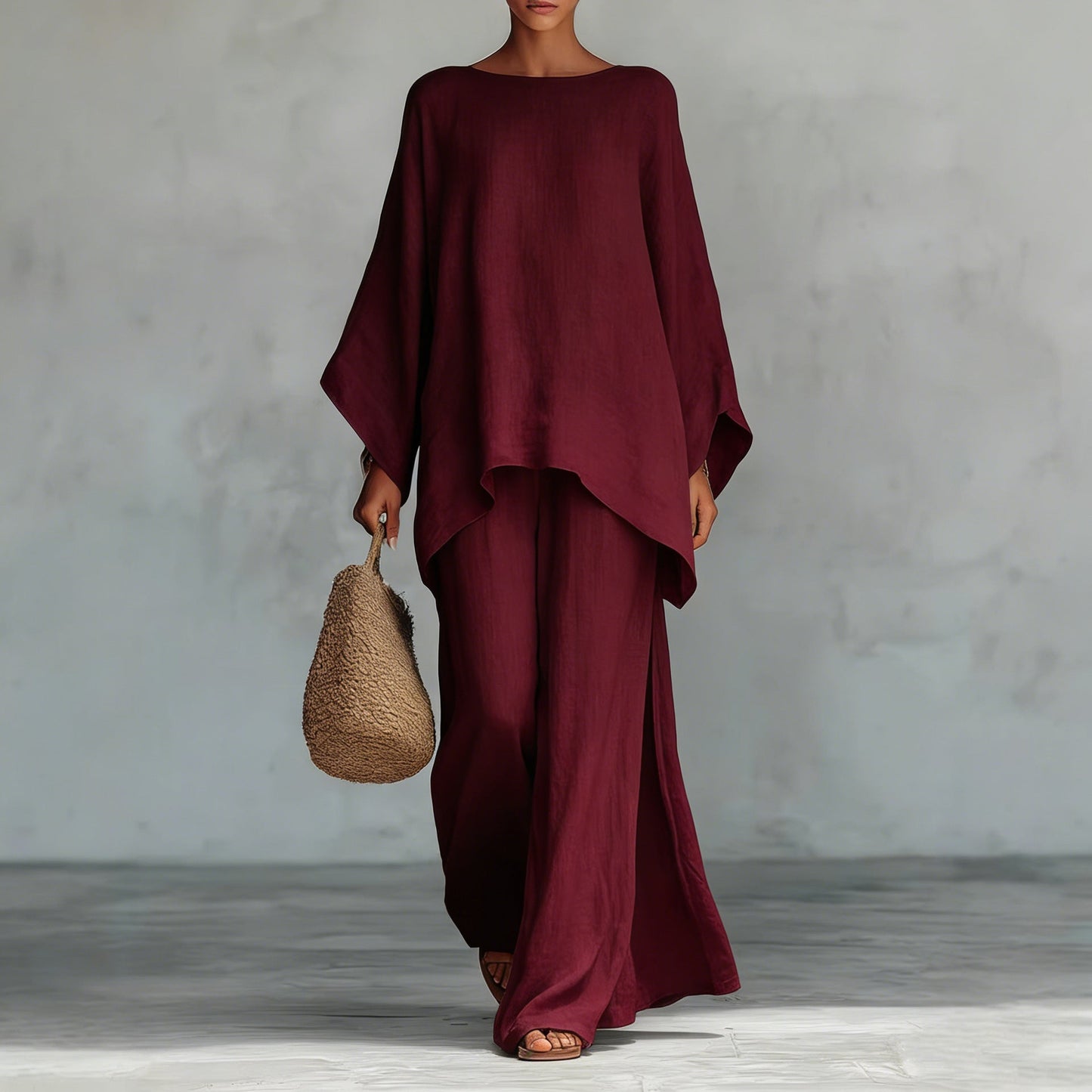 Casual 2-piece Set Loose Long-sleeved Wide-leg Trousers For Womens Minimalist Relaxed-fit Top And Wide-leg Pants Set For Daily Wear Work Vacation Outfits NorixaFashion.com