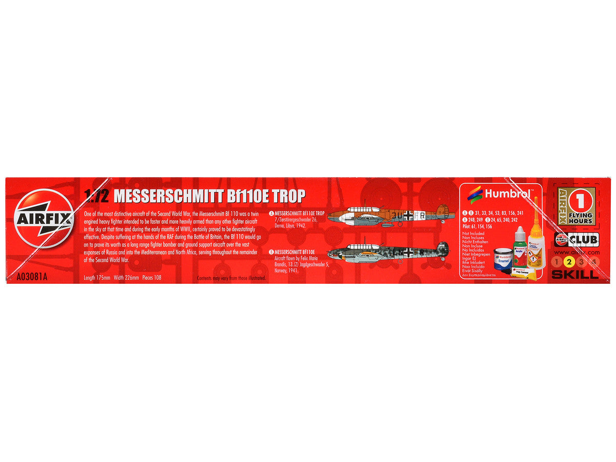 Level 2 Model Kit Messerschmitt Bf110E/E-2 TROP Fighter Aircraft with 2 Scheme Options 1/72 Plastic Model Kit by Airfix LuxuryLifeWay Online Store