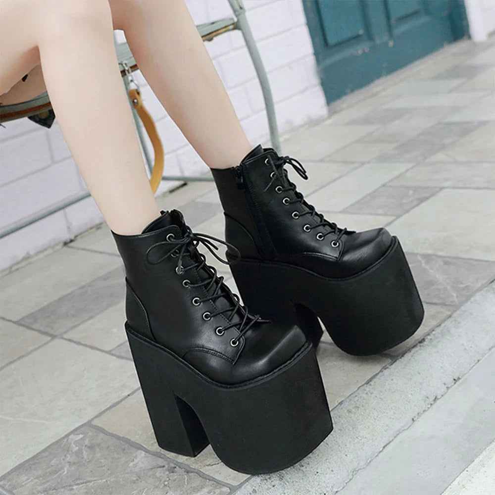 Gdgydh Women's Y2K Style Short Boots Square Closed Toe Lace Up Platform Boots High Chunky Heels Fashion Solid Color Shoes LadyShow.Store