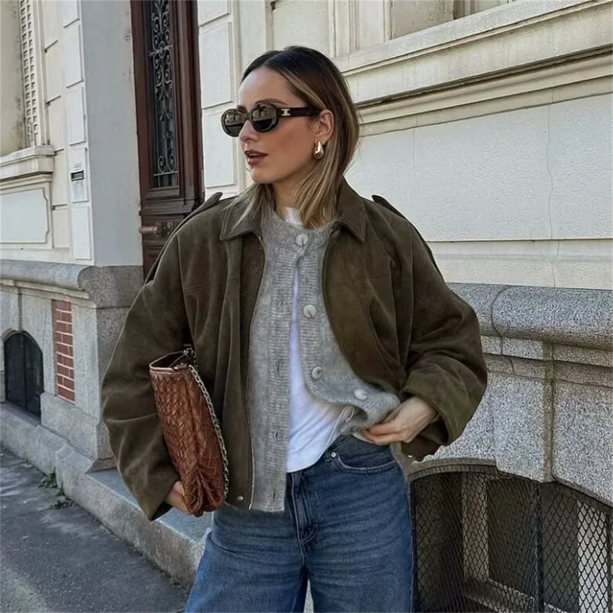 Women's Army Elegant Bomber Jackets Coats Fashion Turn-down Collar Long Sleeve Loose Coats Vintage Female Outerwear Chic Tops LadyShow.Store