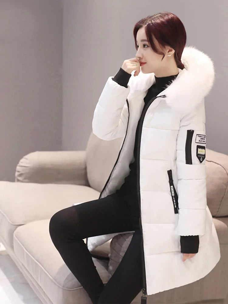 Winter Warm Fur Collar Hooded Women Parka Fashion Comfortable Zipper Pockets Design Long Jacket Elegant Slim Thick Female Coats LadyShow.Store