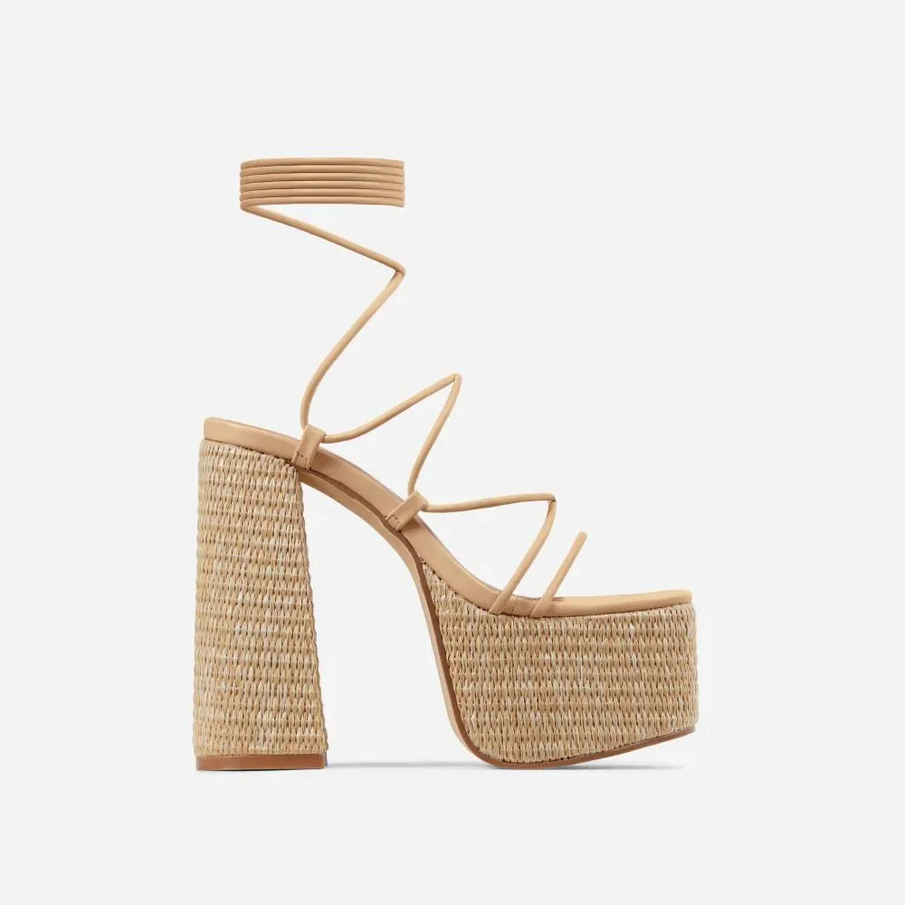 Woven Platform Lace Up Strappy Sandals Block Heel Open Toe Solid Color Sexy Roman Style Women Shoes Summer 2026 New Arrivals Pi-Mart