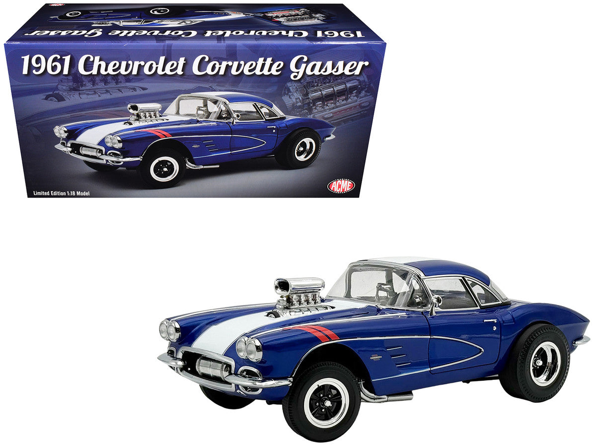 1961 Chevrolet Corvette Grand Sport Gasser Admiral Blue Metallic with White Stripe Limited Edition to 204 pieces Worldwide 1/18 Diecast Model Car by ACME LuxuryLifeWay Online Store