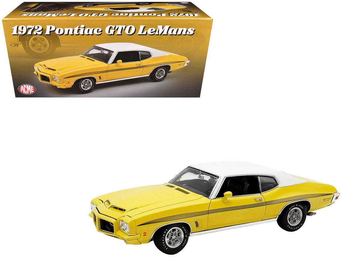 1972 Pontiac GTO LeMans Monarch Yellow with GTO Stripes and White Vinyl Top Limited Edition to 264 pieces Worldwide 1/18 Diecast Model Car by ACME LuxuryLifeWay Online Store