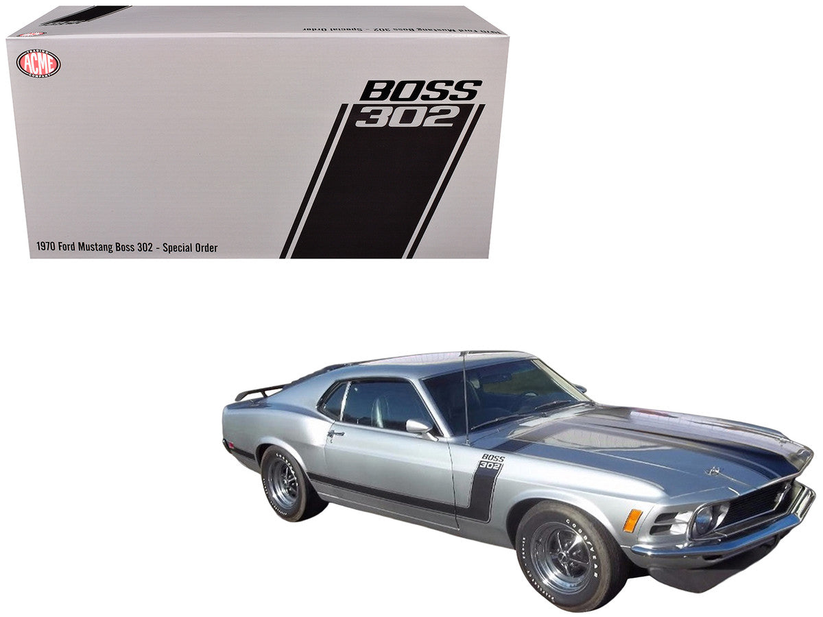 1970 Ford Mustang BOSS 302 "Special Order" Light Silver Metallic with Black Stripes Limited Edition to 302 pieces Worldwide 1/18 Diecast Model Car by ACME LuxuryLifeWay Online Store