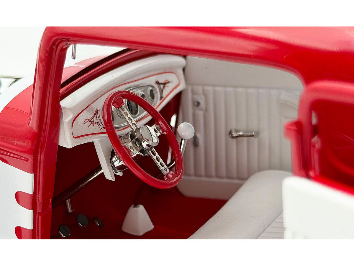 1932 Ford 3 Window Coupe "Peppermint Twist" Red with White Graphics Limited Edition to 372 pieces Worldwide 1/18 Diecast Model Car by ACME LuxuryLifeWay Online Store