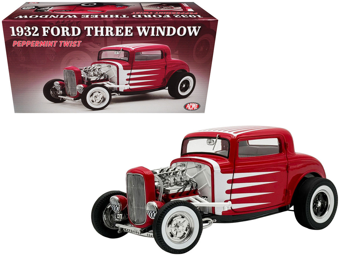 1932 Ford 3 Window Coupe "Peppermint Twist" Red with White Graphics Limited Edition to 372 pieces Worldwide 1/18 Diecast Model Car by ACME LuxuryLifeWay Online Store